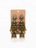 Olive Green Antique Gold Jhumka Earrings with Pearl Drops