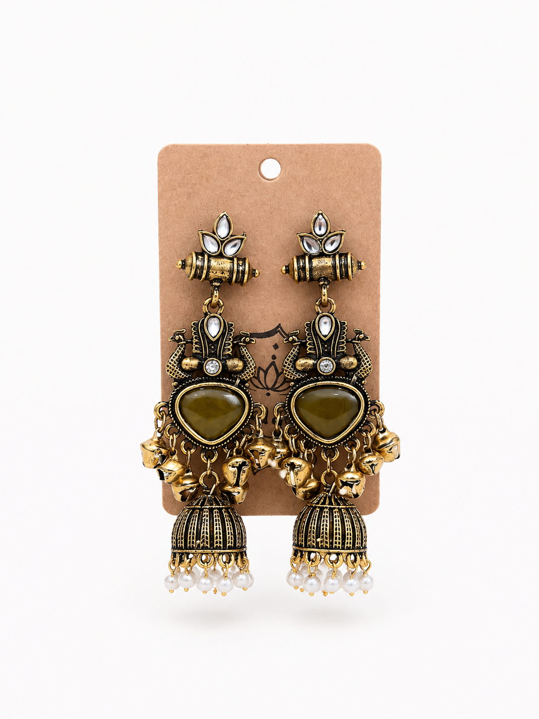 Olive Green Antique Gold Jhumka Earrings with Pearl Drops