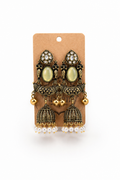 Lime Green Antique Gold Jhumka Earrings with Pearl Drops