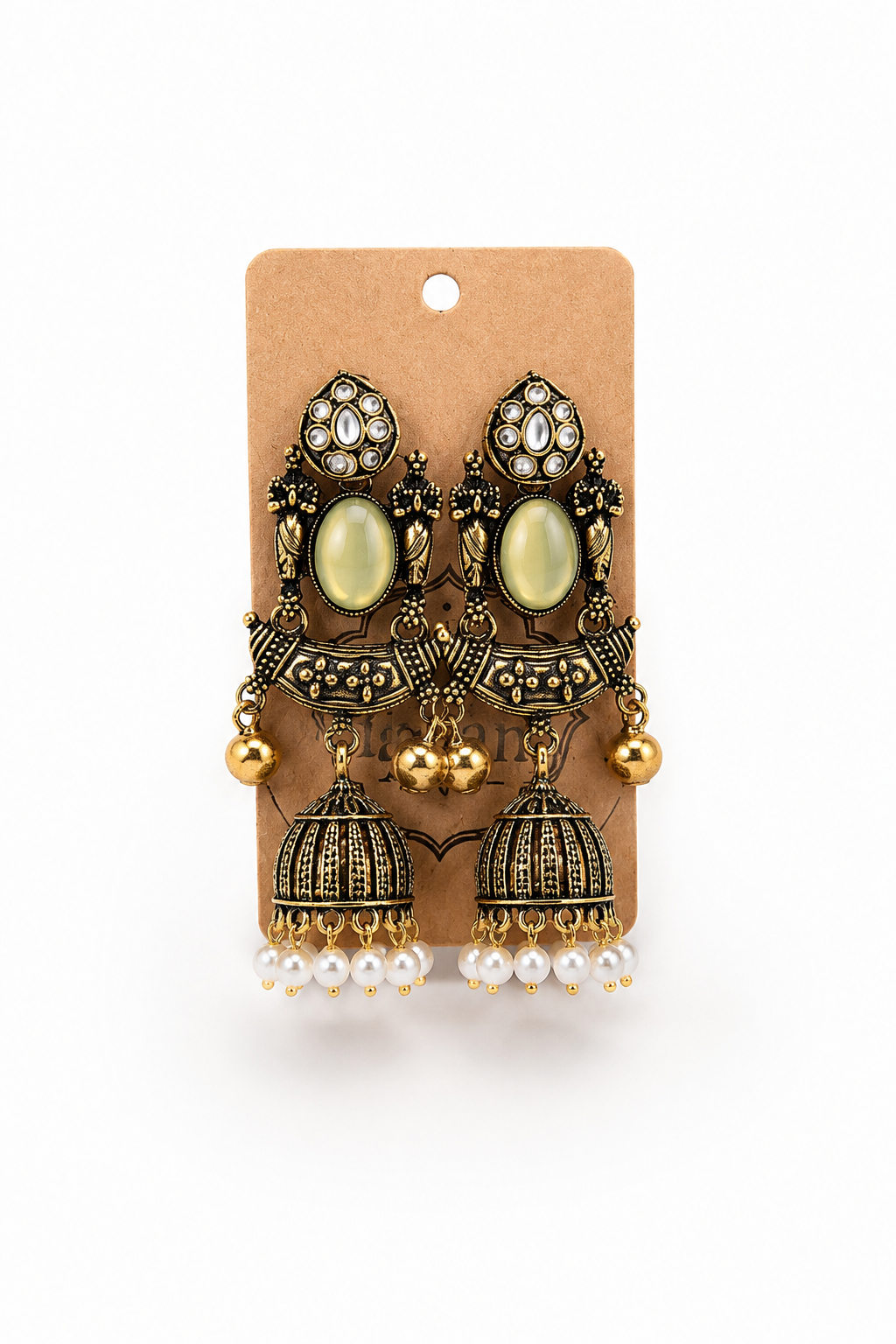 Lime Green Antique Gold Jhumka Earrings with Pearl Drops