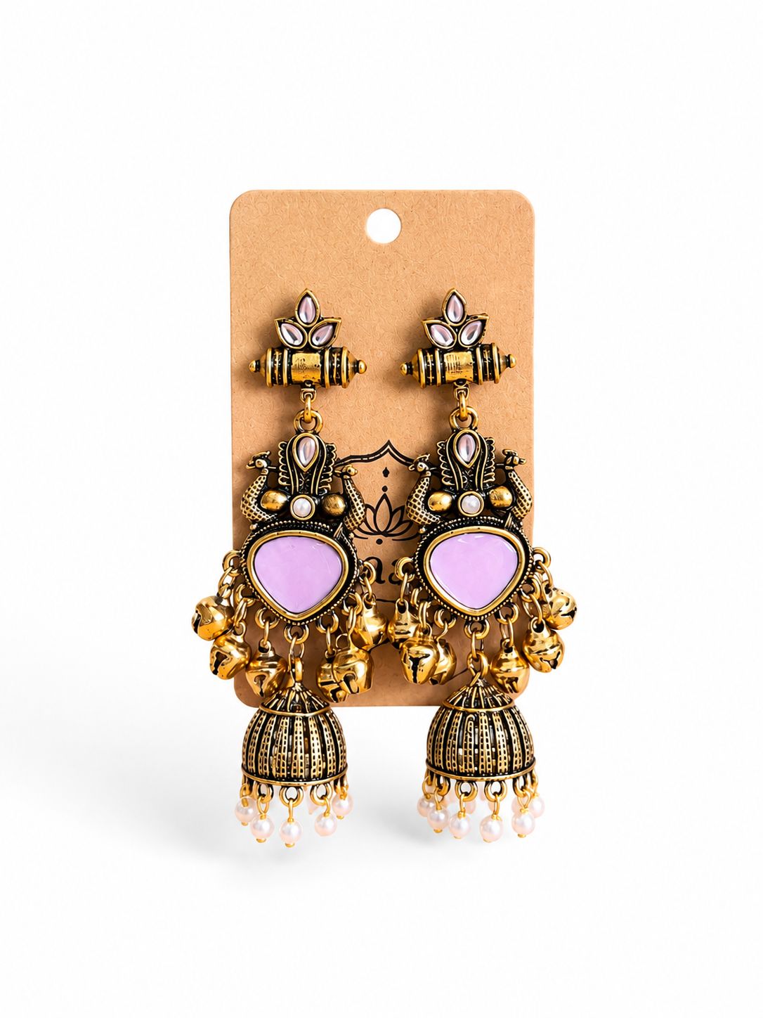 Pink Stone Antique Gold Jhumka Earrings