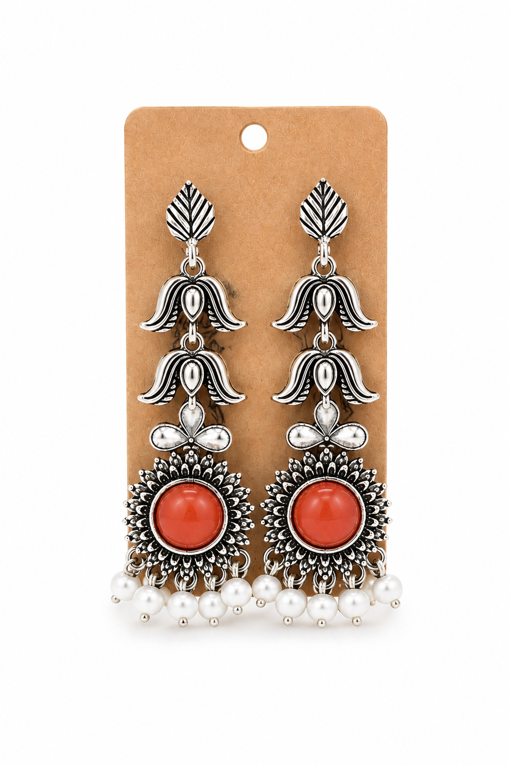 Red Stone Oxidized Silver Statement Earrings