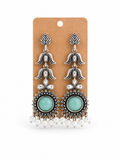 Sea Green Stone Oxidized Silver Statement Earrings