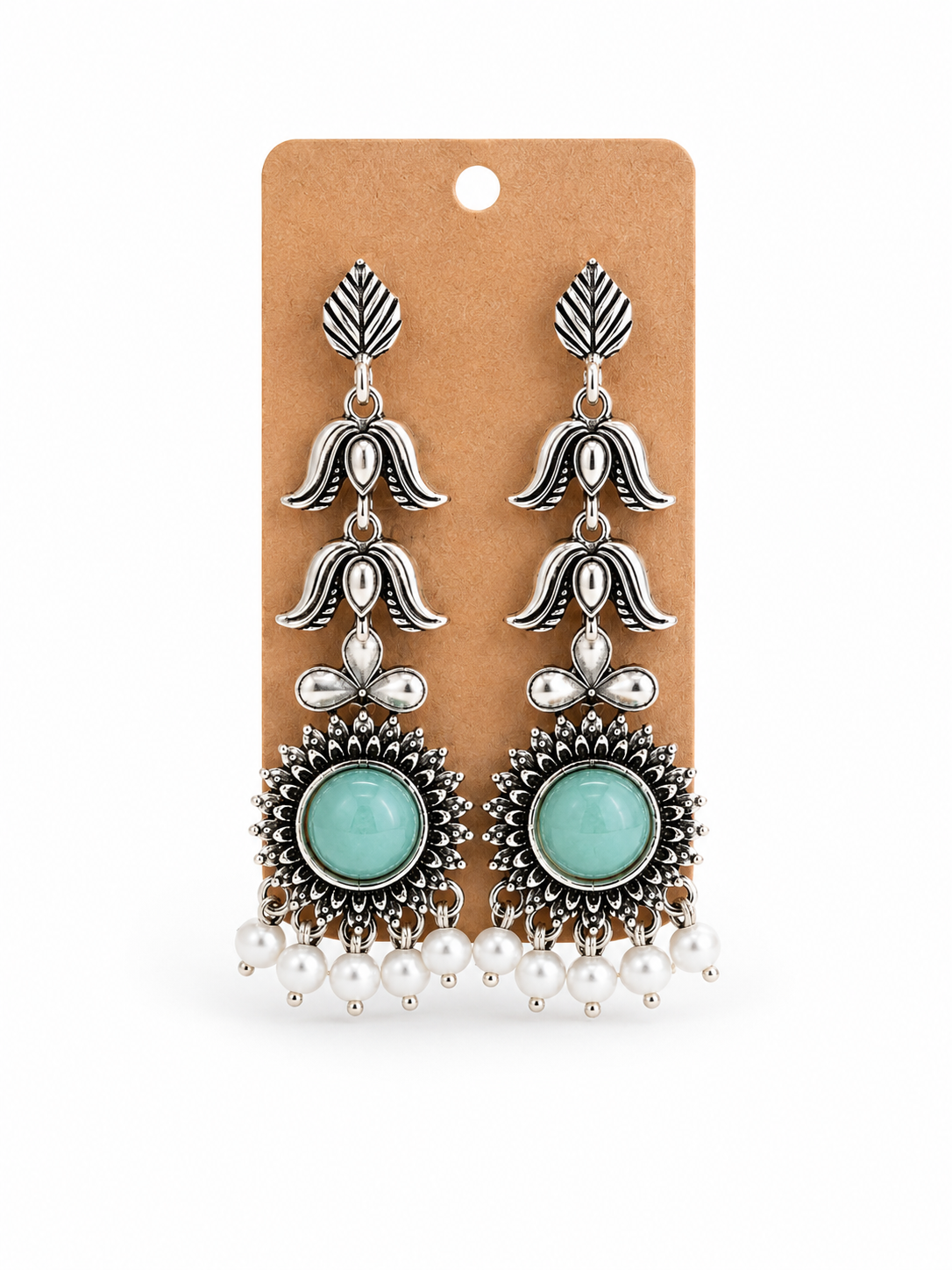 Sea Green Stone Oxidized Silver Statement Earrings