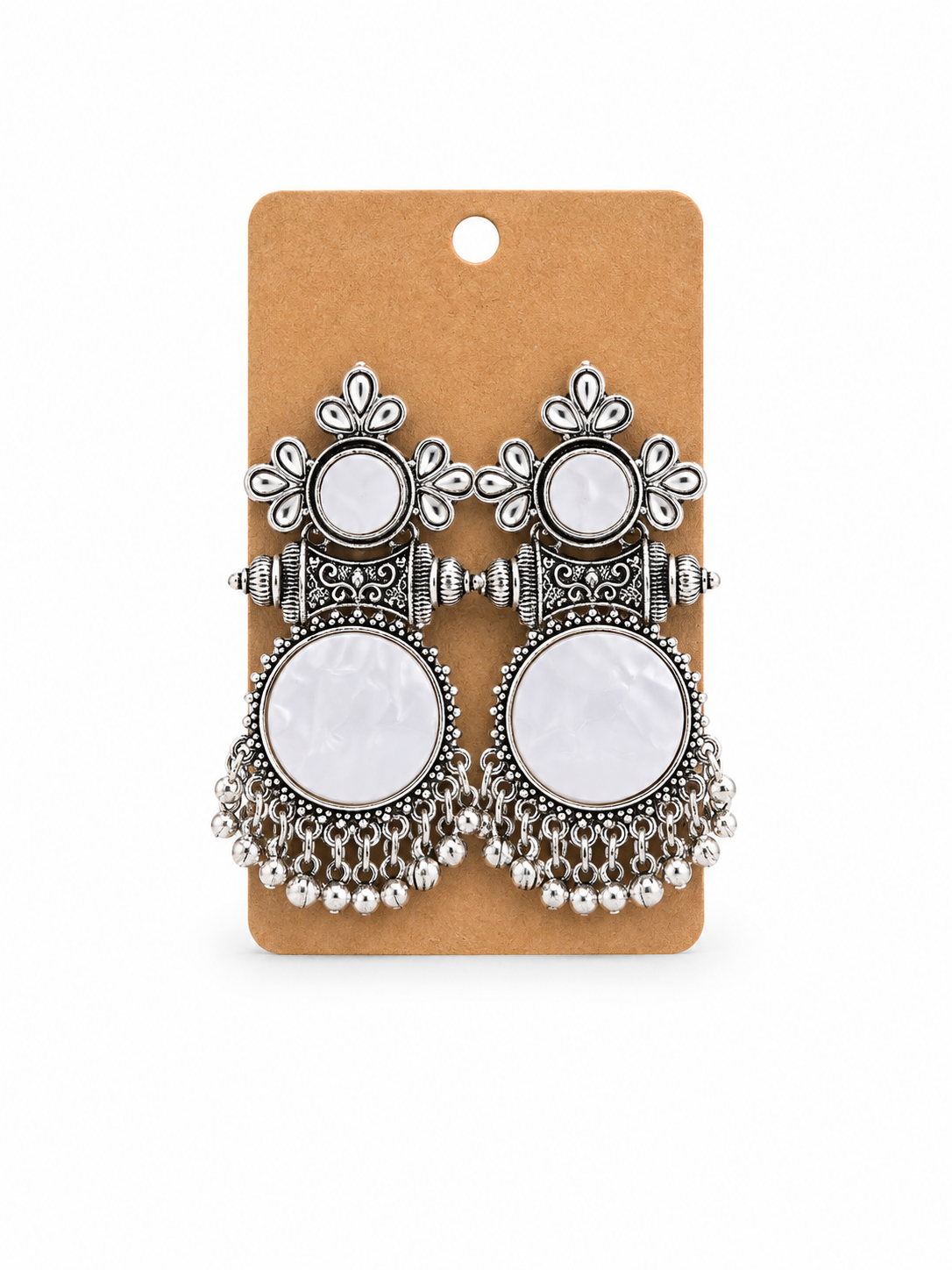 White Pearl Oxidized Silver Round Statement Earrings