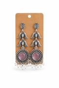 Pink Stone Oxidized Silver Statement Earrings