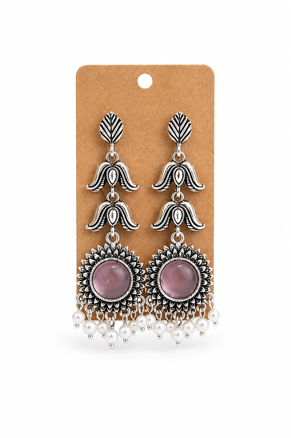 Pink Stone Oxidized Silver Statement Earrings
